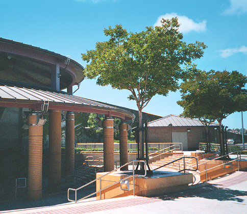 Photo of the pink-flowing Crape Myrtle trees accenting the entrance to the passenger station, BART Castro Valley Station Project, Castro Valley, CA