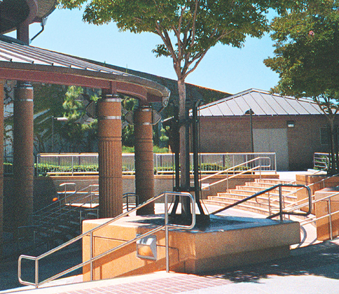 Photo of the pink-flowing Crape Myrtle trees accenting the entrance to the passenger station, BART Castro Valley Station Project, Castro Valley, CA